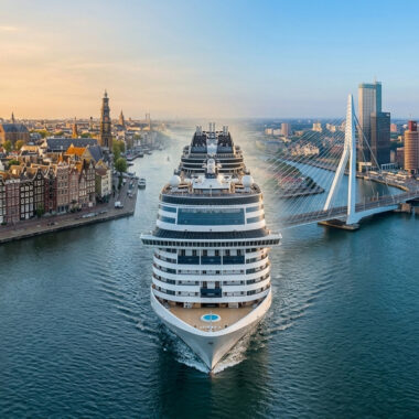 Composite view of Rotterdam and Amsterdam city skylines with a cruise ship, representing Holland Shore Days' guide to Dutch cruise ports
