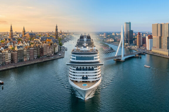 Composite view of Rotterdam and Amsterdam city skylines with a cruise ship, representing Holland Shore Days' guide to Dutch cruise ports