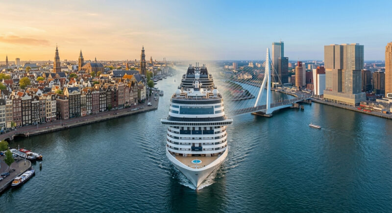 Composite view of Rotterdam and Amsterdam city skylines with a cruise ship, representing Holland Shore Days' guide to Dutch cruise ports