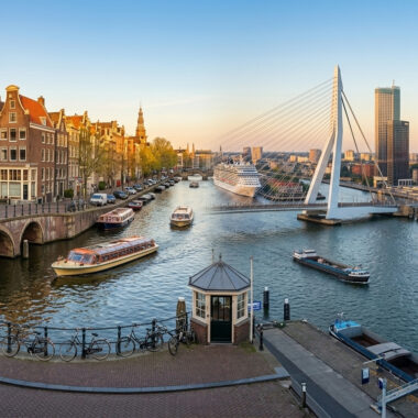 Split view comparing Rotterdam and Amsterdam as Dutch cruise port destinations, showing the architectural contrast between both cities