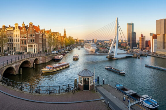 Split view comparing Rotterdam and Amsterdam as Dutch cruise port destinations, showing the architectural contrast between both cities