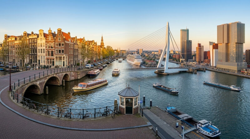 Split view comparing Rotterdam and Amsterdam as Dutch cruise port destinations, showing the architectural contrast between both cities