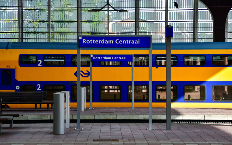 NS intercity train at Rotterdam Centraal station platform, the main transport hub for cruise passengers arriving in Rotterdam