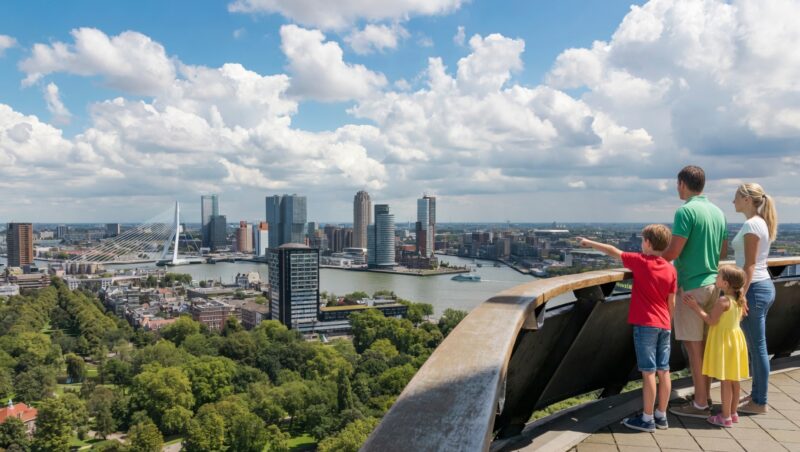 Family with two children pointing at the Rotterdam skyline and Erasmus Bridge from the Euromast observation tower