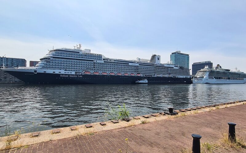 Cruise ship moored at the Passenger Terminal Amsterdam on the IJ waterfront