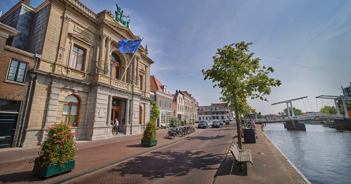 The neoclassical facade of the Teylers Museum on the Spaarne in Haarlem
