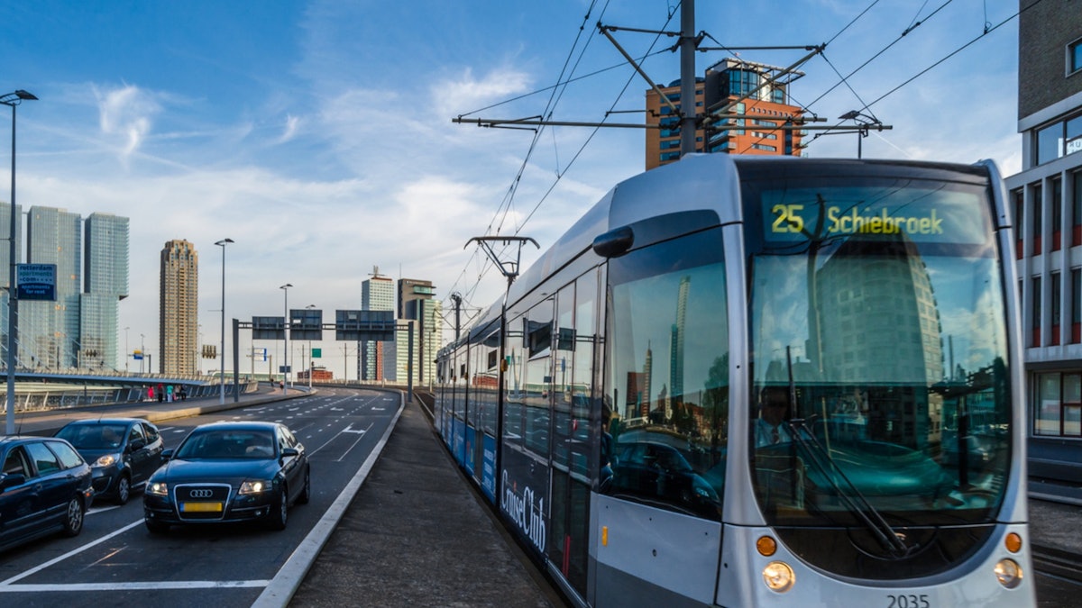 An RET tram on a Rotterdam street, part of the network covered by the one-day travel ticket